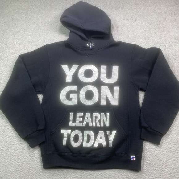 Russell Athletic Hoodie Mens Small Black You Gon Learn Today Streetwear Pullover - Picture 1 of 11